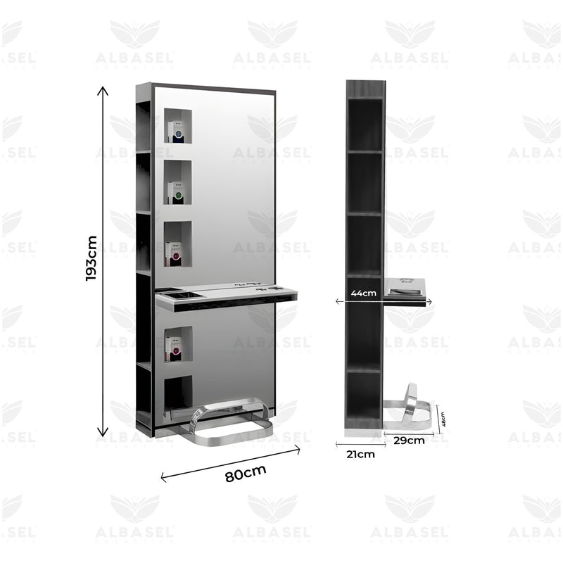 Single Side Mirror Station With Storage Shelves Black for Beauty Salon Spa - salon mirror - al basel cosmetics