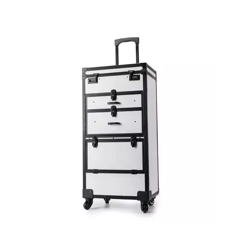 White Professional Makeup Beauty Trolley Case with Wheels with Large Capacity - salon tool box - barber tool box - al basel cosmetics