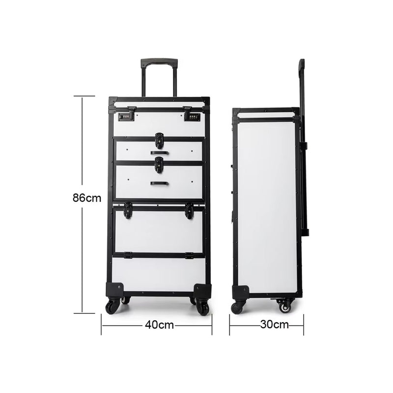 White Professional Makeup Beauty Trolley Case with Wheels with Large Capacity - salon tool box - barber tool box - al basel cosmetics