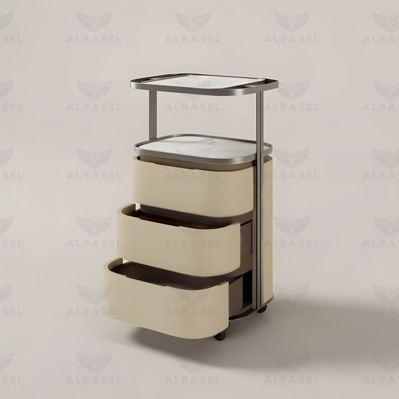 Beige Color Salon Spa Product Storage Trolley with 3 Tier Shelves - salon trolley - salon spa product storage - storage cabinet - al basel cosmetics