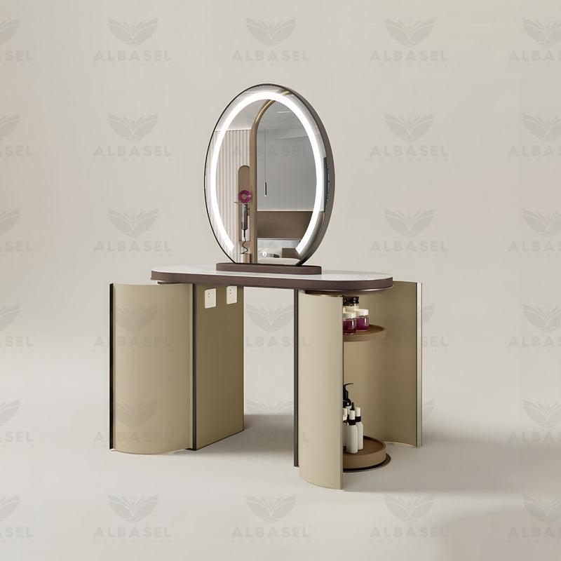 Beige Color Salon Spa Double Sided Mirror Station with Storage Shelves - salon mirror - mirror with shelves - al basel cosmetics 