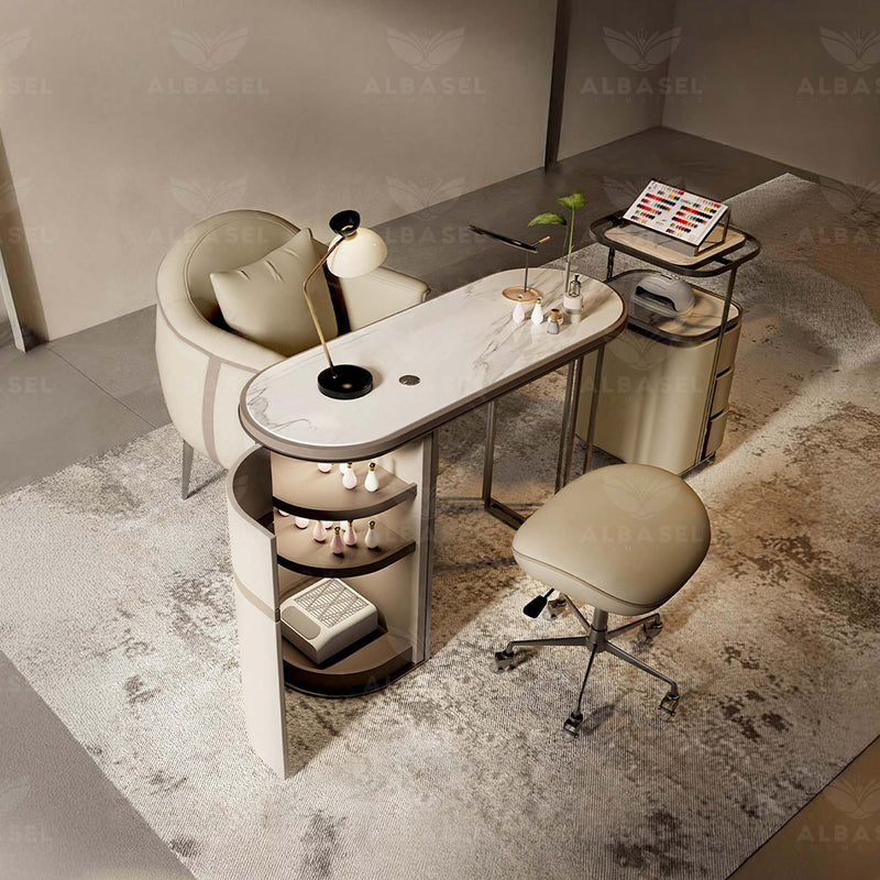 Beige Color Salon Spa Manicure Station with Chair and Table