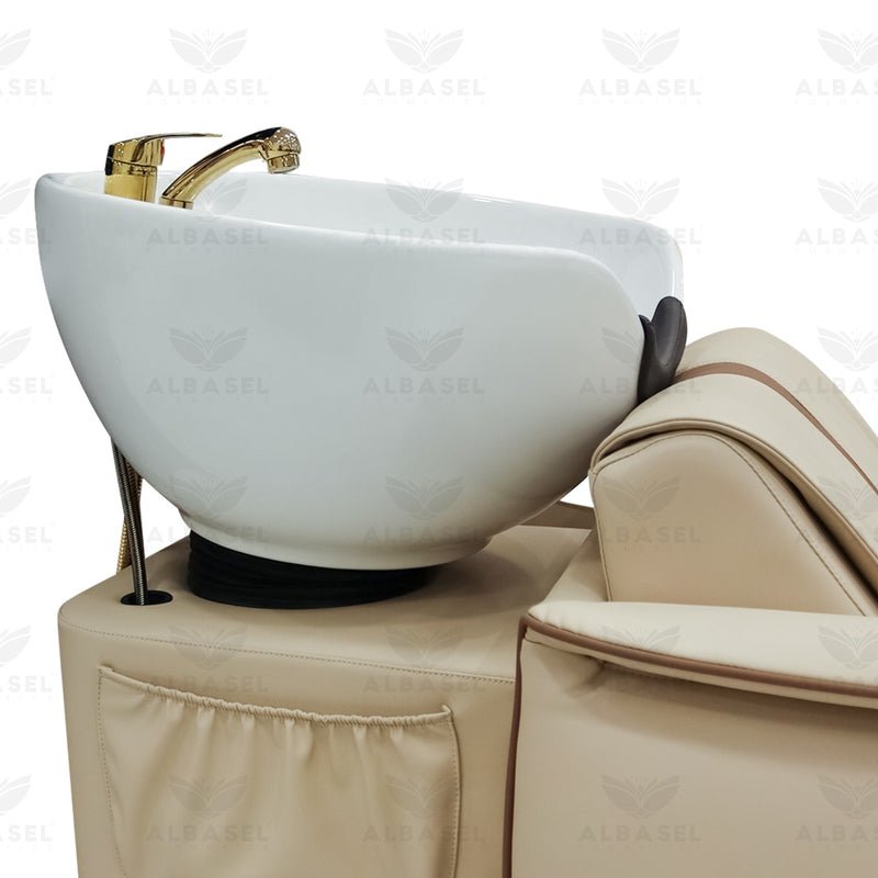 Hair Washing Shampoo Chair Beige Color for Salon Spa - Electric reclining hair washing chair for Salon Spa Saudi Arabia - Hair washing chair Bahrain - Al Basel Cosmetics - UAE 
