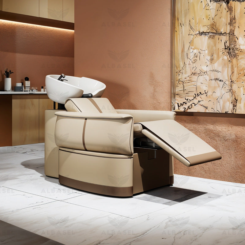 Hair Washing Shampoo Chair Beige Color for Salon Spa - Electric reclining hair washing chair for Salon Spa Saudi Arabia - Hair washing chair Bahrain - Al Basel Cosmetics - UAE