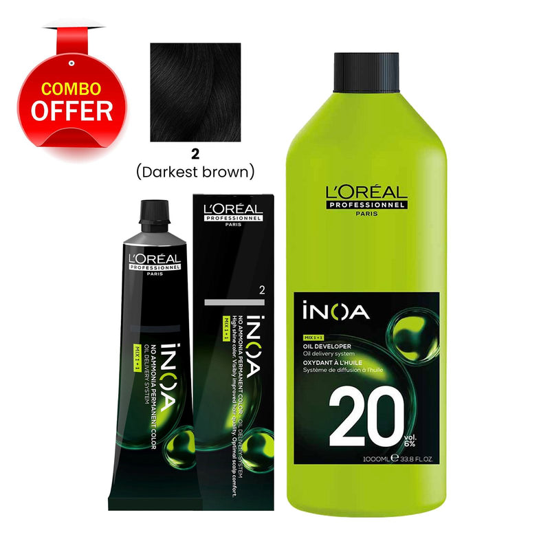 Loreal Professional iNOA Hair Color 2 Darkest Brown with Oxidant Cream Developer 20 Volume 1000ml Package-Loreal iNOA haircolor-oxydant-Loreal UAE-al basel