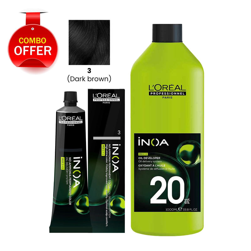 Loreal Professional iNOA Hair Color 3 Dark Brown with Oxidant Cream Developer 20 Volume 1000ml Package-Loreal UAE- iNOA hair color-al basel