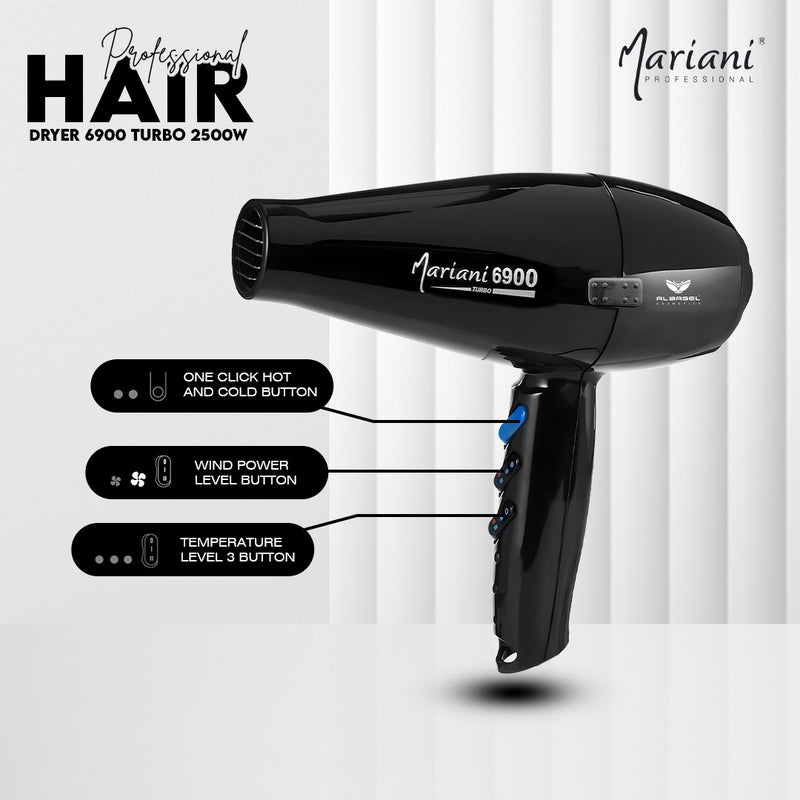 Mariani Hair Dryer 6900 Turbo 2500W (Made in Italy) Black - al basel cosmetics - hair styling tools - hair care - hair styling equipment - dryer for curly hair - Mariani - offer sale - UAE - hair dryer - best hair dryer - professional hair dryer - hair salon hair dryer - professional hairstyling tools