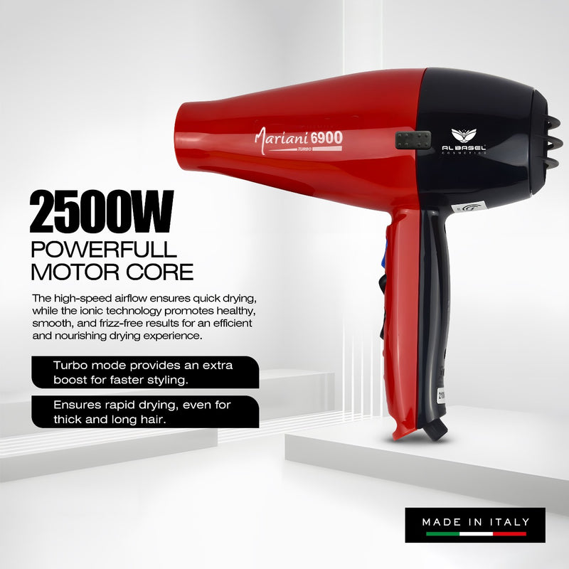 Hair Dryer 6900 Turbo 2500W - al basel cosmetics - hair styling tools - hair care - hair styling equipment - dryer for curly hair - Mariani - offer sale - UAE - red hair dryer - hair dryer - best hair dryer - professional hair dryer - hair salon hair dryer - professional hairstyling tools