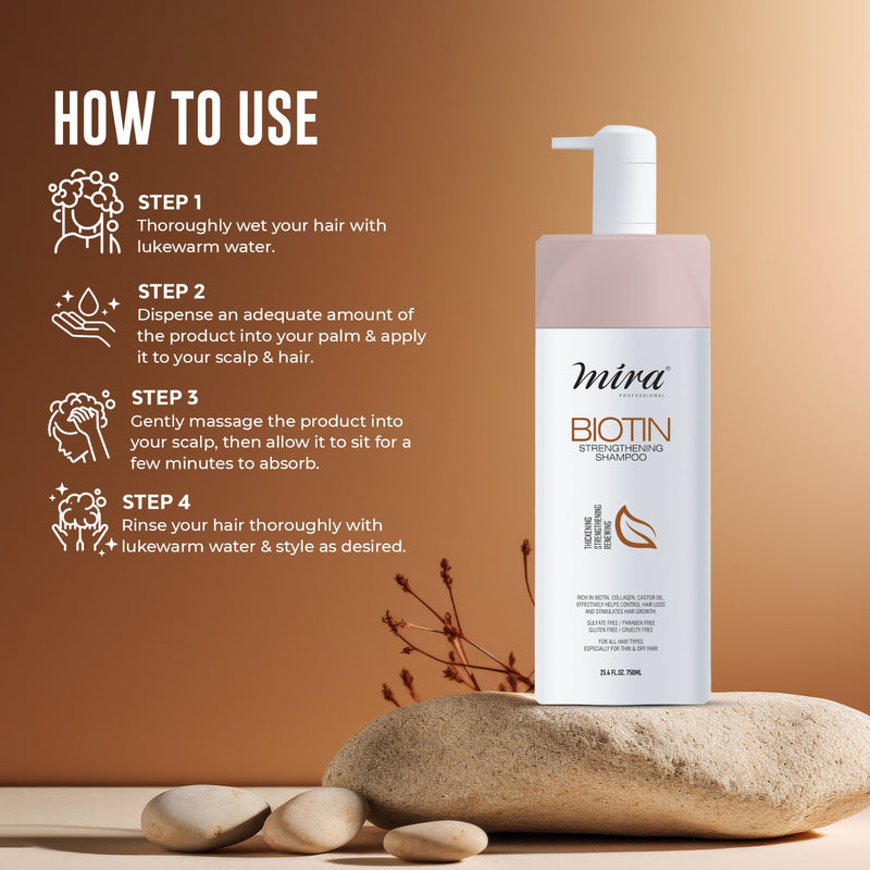 Biotin Strengthening Shampoo 750ml Mira - al basel cosmetics - أفضل شامبو لتساقط الشعر وتكثيفه - anti hair loss shampoo in UAE - Mira Professional - Hair strengthening shampoo - best shampoo for anti hair  fall - Dubai - UAE