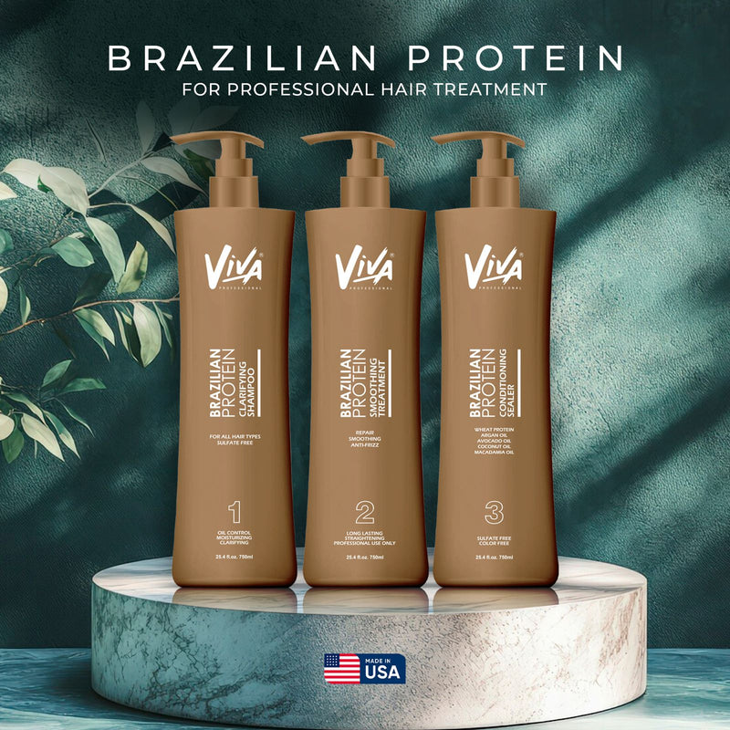 Professional Brazilian Protein Hair Treatment Kit Viva - al basel cosmetics - after care - Brazilian protein treatment - after care treatment - protein treated hair - complete kit - shampoo - conditioner - smoothing treatment - anti frizz - hair care - UAE