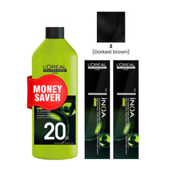 iNOA Hair Color 2 Darkest Brown 2 Pcs with Oxidant Cream Developer 20 Volume 1000ml Loreal Professional Package- hair color- inoa hair color- inoa activator- offer package- loreal- hair styling- al basel- UAE