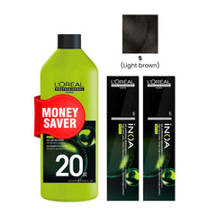 iNOA Hair Color 5 Light Brown 2 Pcs with Oxidant Cream Developer 20 Volume 1000ml Loreal Professional Package- inoa hair color- activator- hair styling- loreal- inoa oxidant- Al Basel- UAE