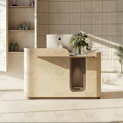 Luxury Beige Reception Desk with Integrated Lighting - Al Basel Cosmetics - salon furniture KSA - Reception counter furniture in Dubai - UAE