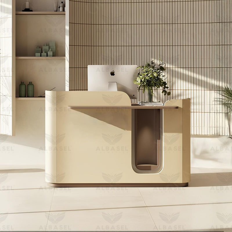 Luxury Beige Reception Desk with Integrated Lighting - Al Basel Cosmetics - salon furniture KSA - Reception counter furniture in Dubai - UAE