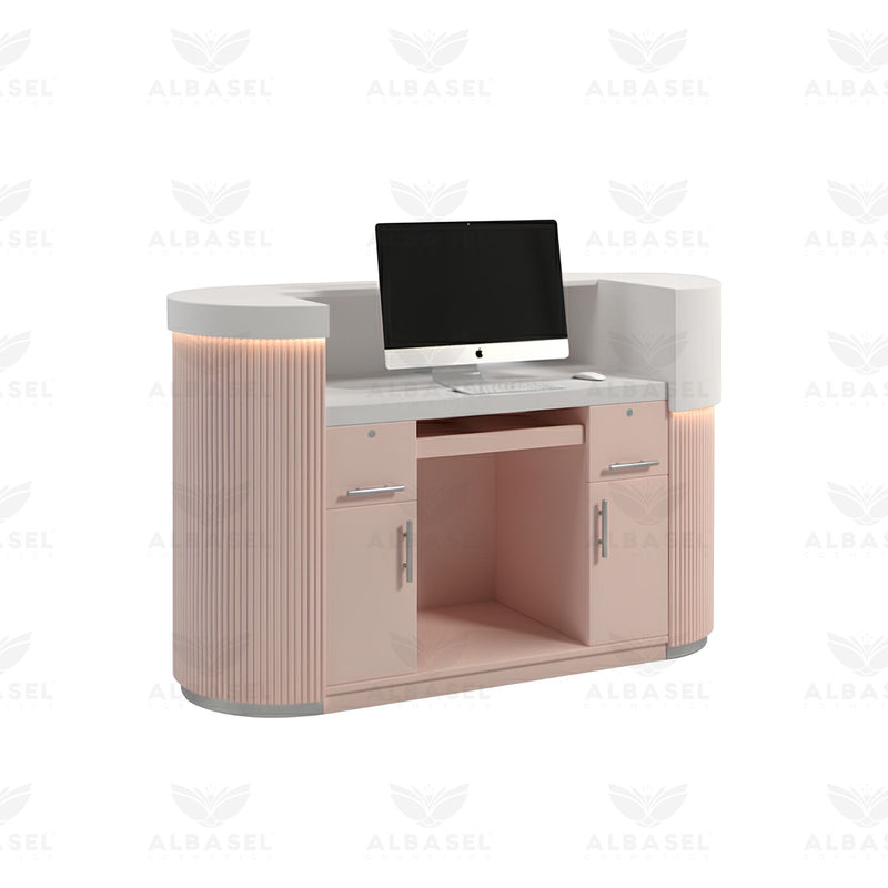 Professional Pink Salon Reception Desk with LED Light & Storage - Pink salon furniture in UAE - salon reception furniture - Professional salon counter furniture in UAE - Al basel cosmetics