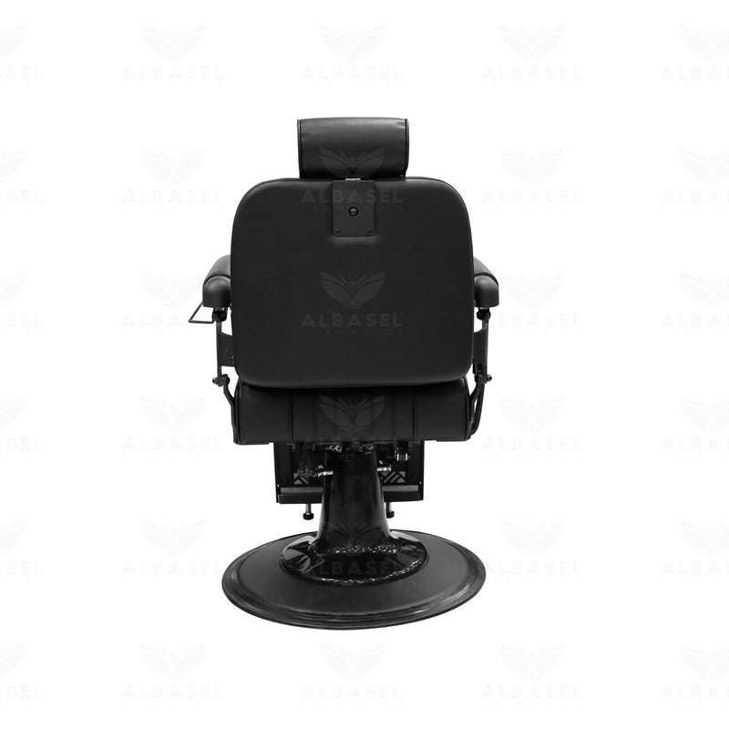 Quilted leatherette seat and ergonomic backrest of Al Basel professional barber chair