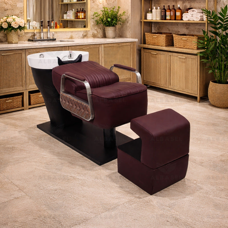 Dark Chocolate Brown Backwash Shampoo Chair - Hair washing chair in UAE - Shampoo chair for hair salon - Ceramic basin shampoo chair in Dubai - Al Basel Cosmetics - UAE
