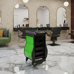Black Salon Trolley with Green Curved Side Panels – 5-Drawer Professional Hairdressing Cart with Tool Holder Top - Al Basel Cosmetics - Salon trolley - Salon organizer trolley in Dubai