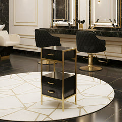 Salon Hairdressing Trolley Black & Gold - عربة تصفيف الشعر السوداء للصالونات مع رفوف وأدراج لتخزين أدوات التجميل - Al Basel Cosmetics - UAE