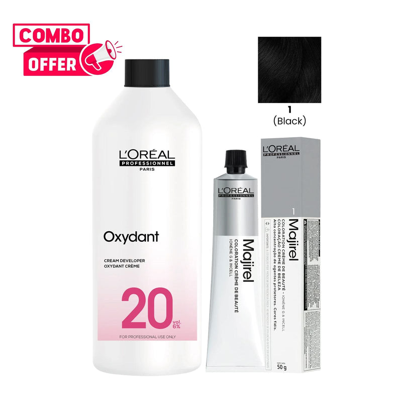 L’Oréal Majirel 1 Black 60ml Permanent Hair Color with Oreor Oxydant Creme Developer 20 Volume 1000ml – Professional Salon Hair Dye Kit for Rich, Long-Lasting Color Results