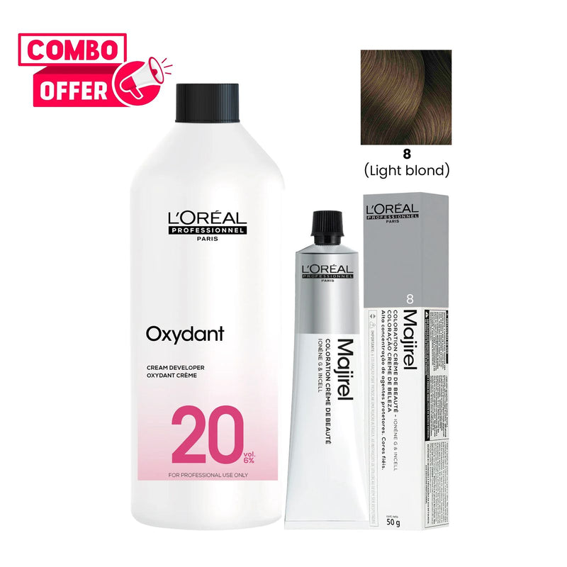 L’Oréal Majirel 8 Light Blonde 50ml with Oreor Oxydant Creme Developer 20 Vol 1000ml Pack - Al Basel Cosmetics - UAE