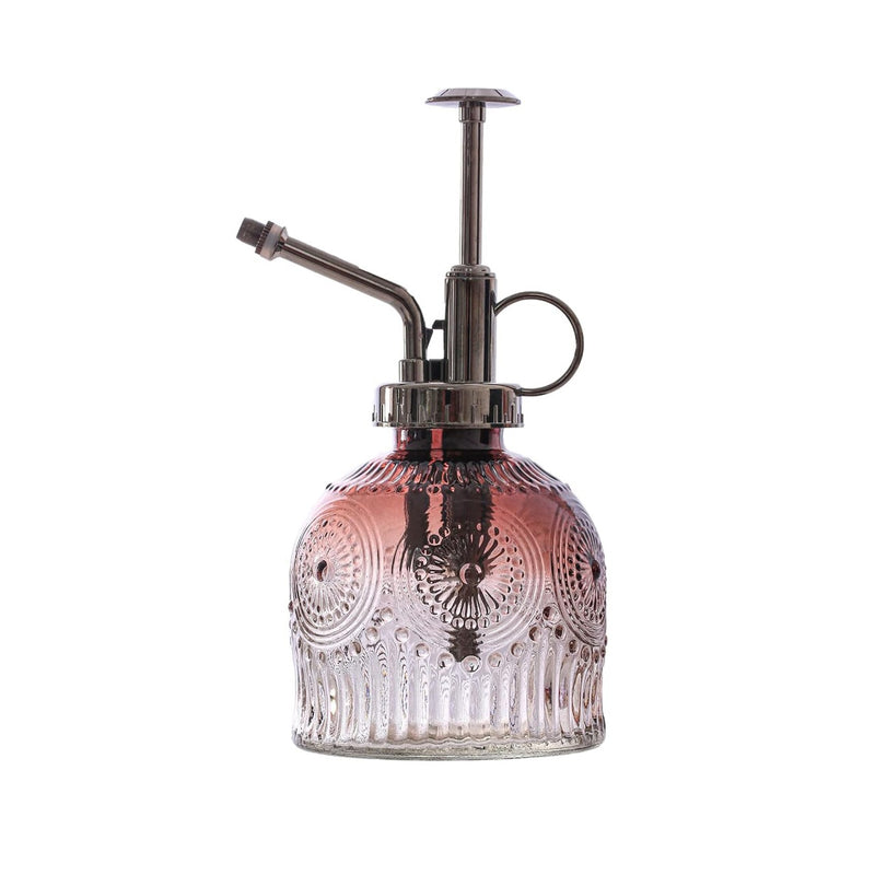 Vintage embossed glass spray bottle with bronze plastic top pump for salon and spa use – Al Basel Cosmetics