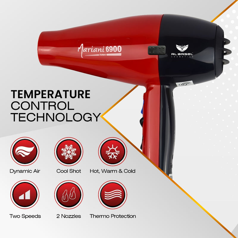 Red and black hair dryer with temperature control technology features on a white background