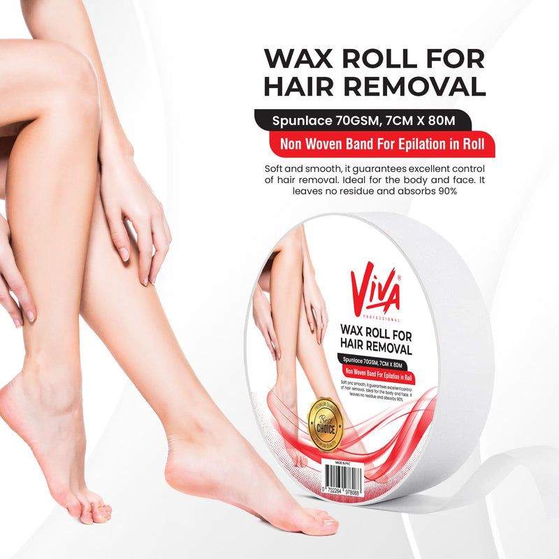 Viva Wax Roll for Hair Removal – Spunlace 70GSM, 7cm x 80m Non-Woven Epilation Roll - Wax roll UAE - professional salon waxing roll -, non-woven epilation roll Dubai - Spunlace 70GSM wax roll - Viva waxing supplies - epilation roll for beauty salons - waxing strip roll UAE - hair removal accessories - non-woven wax strip roll - Al Basel Cosmetics waxing products - epilation band roll 80m.