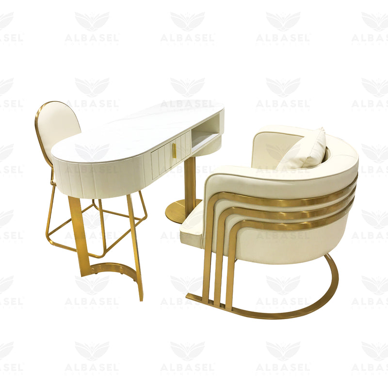 Cream Manicure Table for Nail Art with 2 single chair - manicure table - manicure chair - manicure station - al basel cosmetics